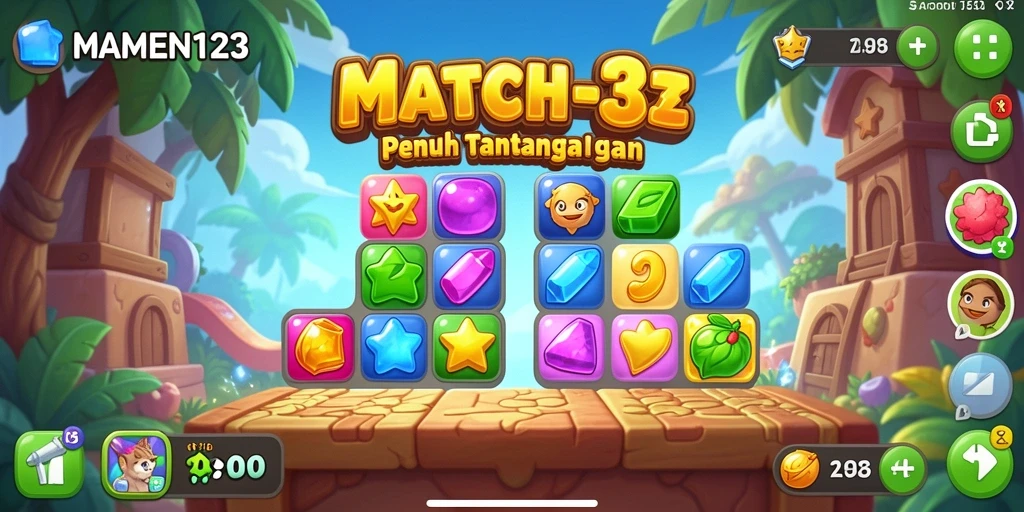 Gameplay seru Match-3 di MAMEN123 dengan kombinasi warna-warni.