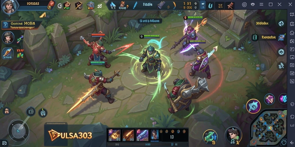 Tangkapan layar utama PULSA303 dengan pemain dalam aksi pertarungan MOBA.