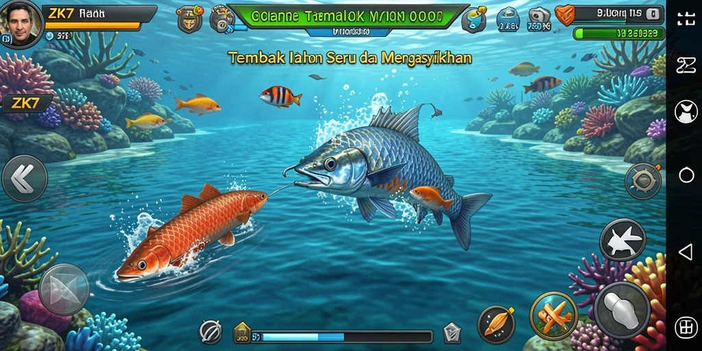 Tampilan gameplay ZK7 dengan berbagai ikan dan senjata menembak.